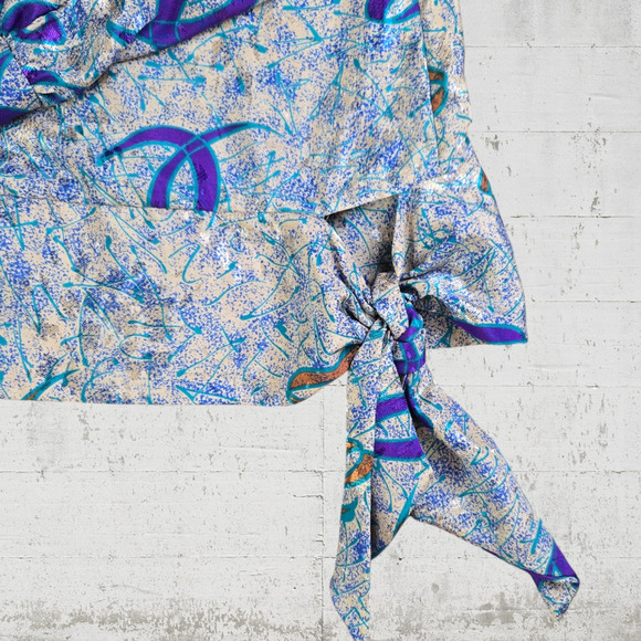 70s Vintage Cream Blue Metallic Abstract USA Made Blouse Midi Skirt Set Size 14 - Picture 3 of 13